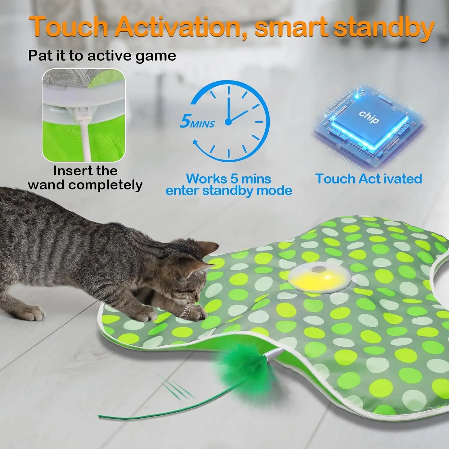 Interactive Cat Toys Rechargeable,Moving Concealed Feathers,Real Mouse Squeaky,Touch Activated