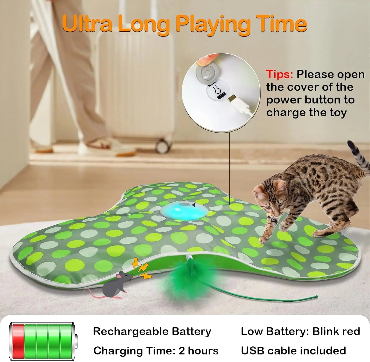 Interactive Cat Toys Rechargeable,Moving Concealed Feathers,Real Mouse Squeaky,Touch Activated