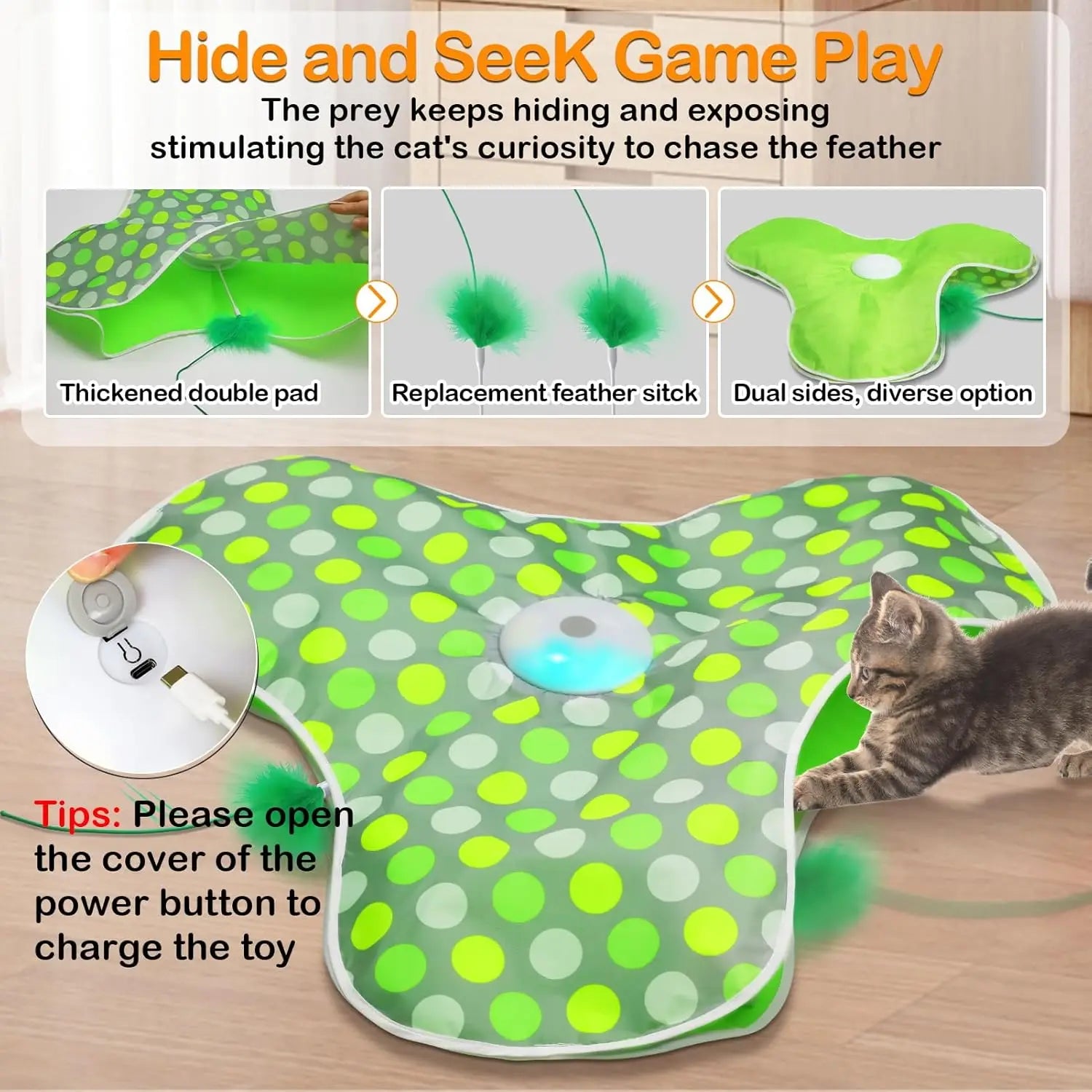 Interactive Cat Toys Rechargeable,Moving Concealed Feathers,Real Mouse Squeaky,Touch Activated